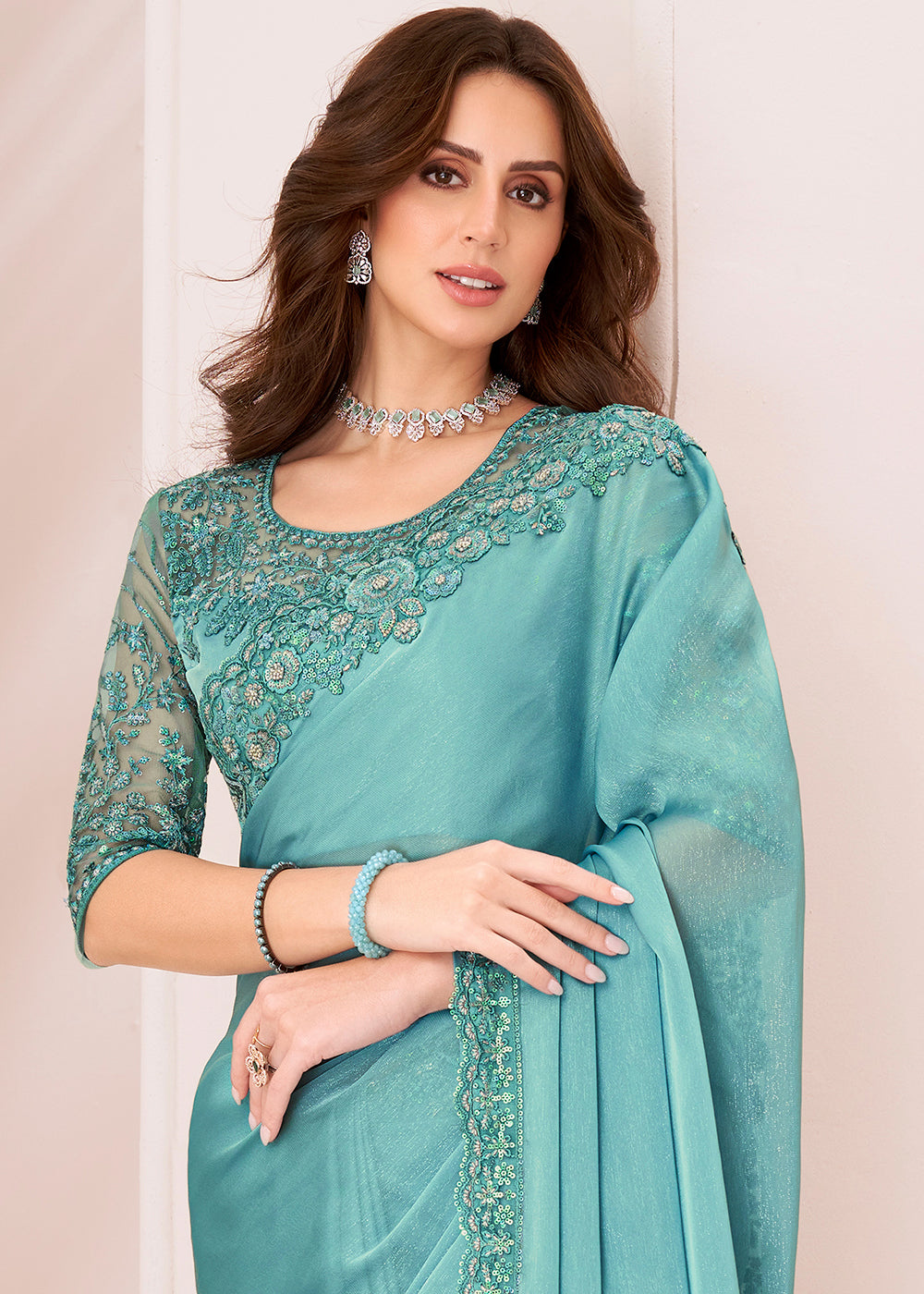Turquoise Blue Designer Georgette Silk Saree