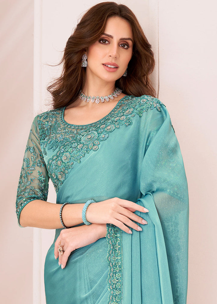 Turquoise Blue Designer Georgette Silk Saree