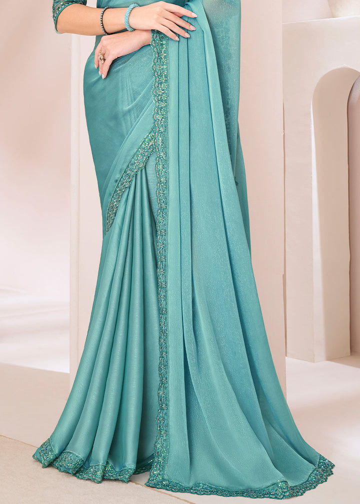 Turquoise Blue Designer Georgette Silk Saree