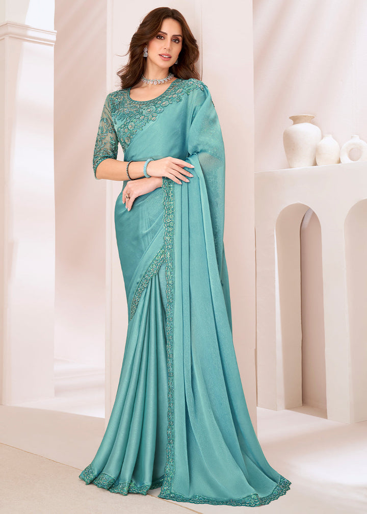 Turquoise Blue Designer Georgette Silk Saree