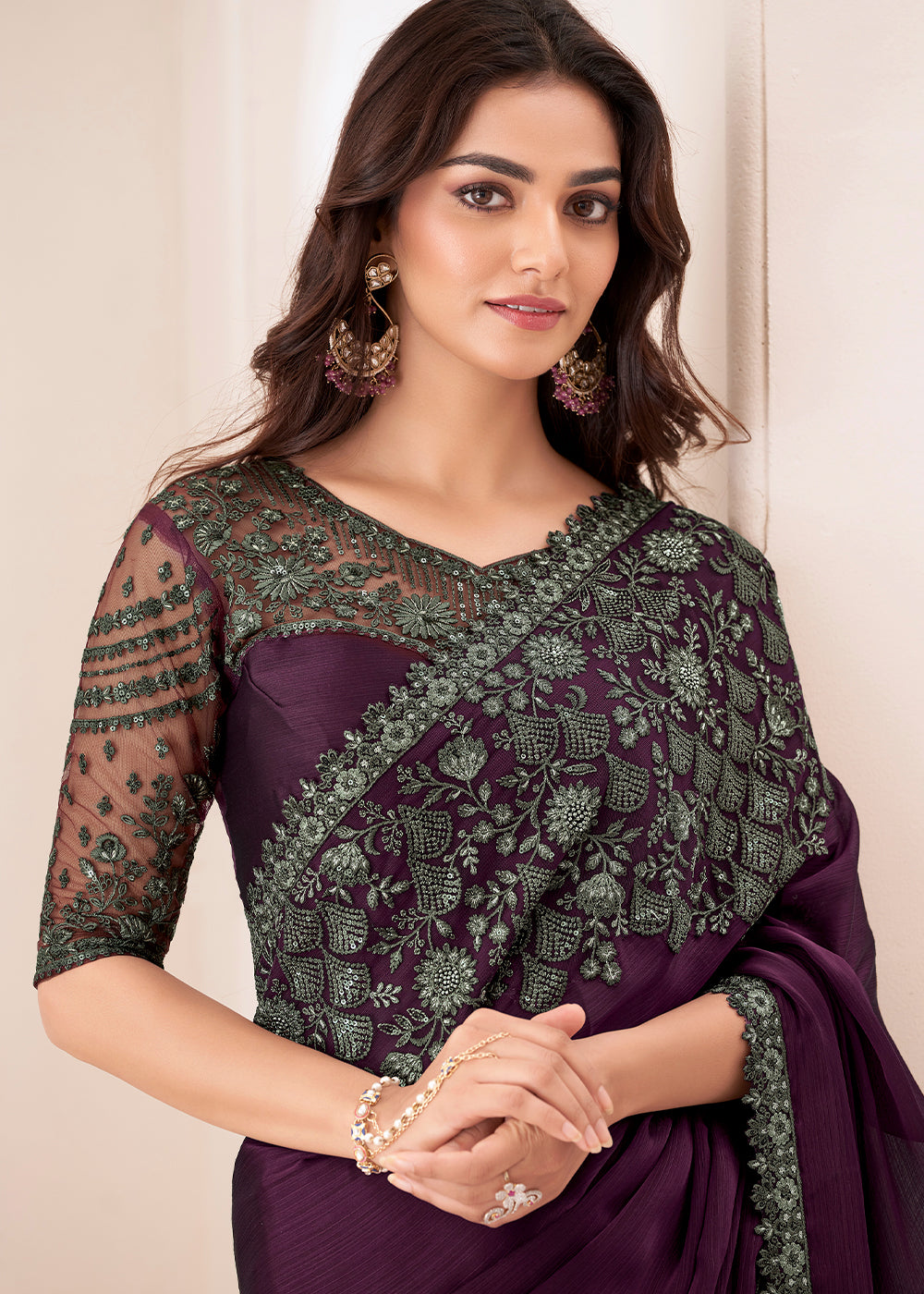 Raisin Purple Designer Satin Chiffon Saree