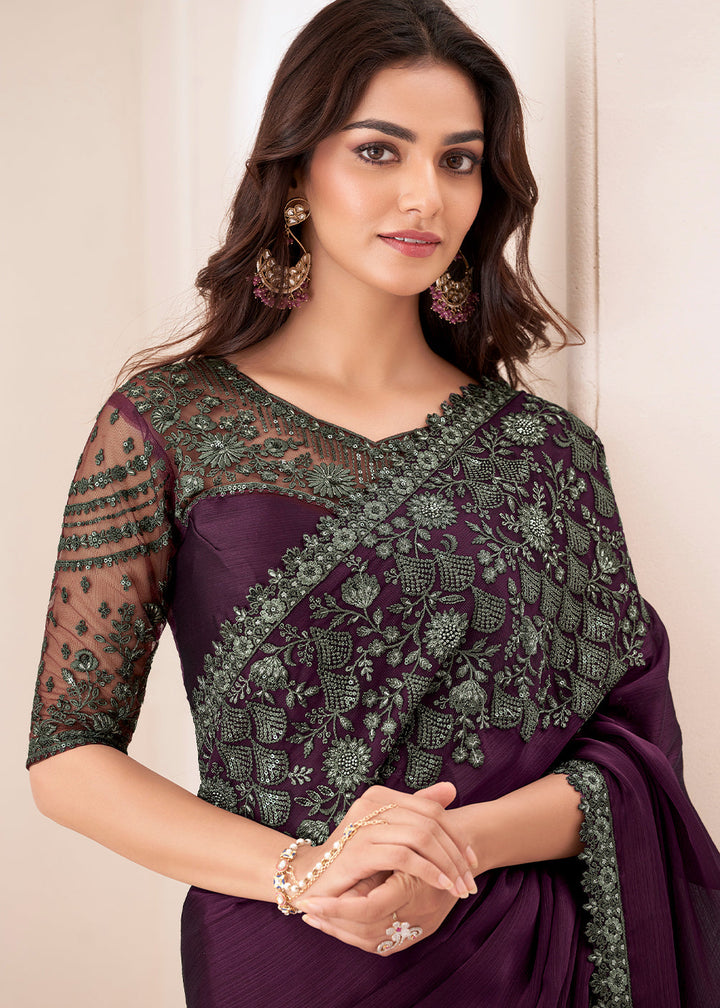Raisin Purple Designer Satin Chiffon Saree