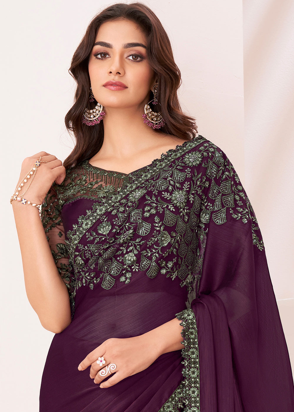 Raisin Purple Designer Satin Chiffon Saree