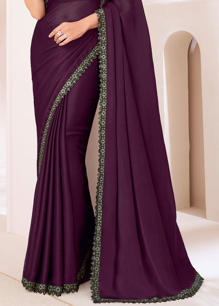 Raisin Purple Designer Satin Chiffon Saree