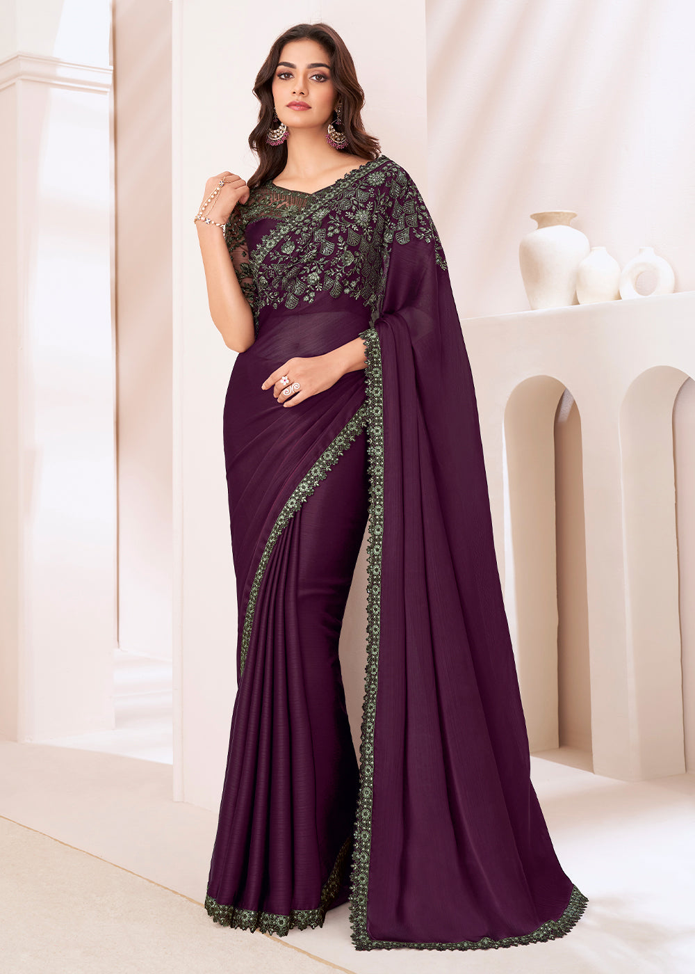 Raisin Purple Designer Satin Chiffon Saree