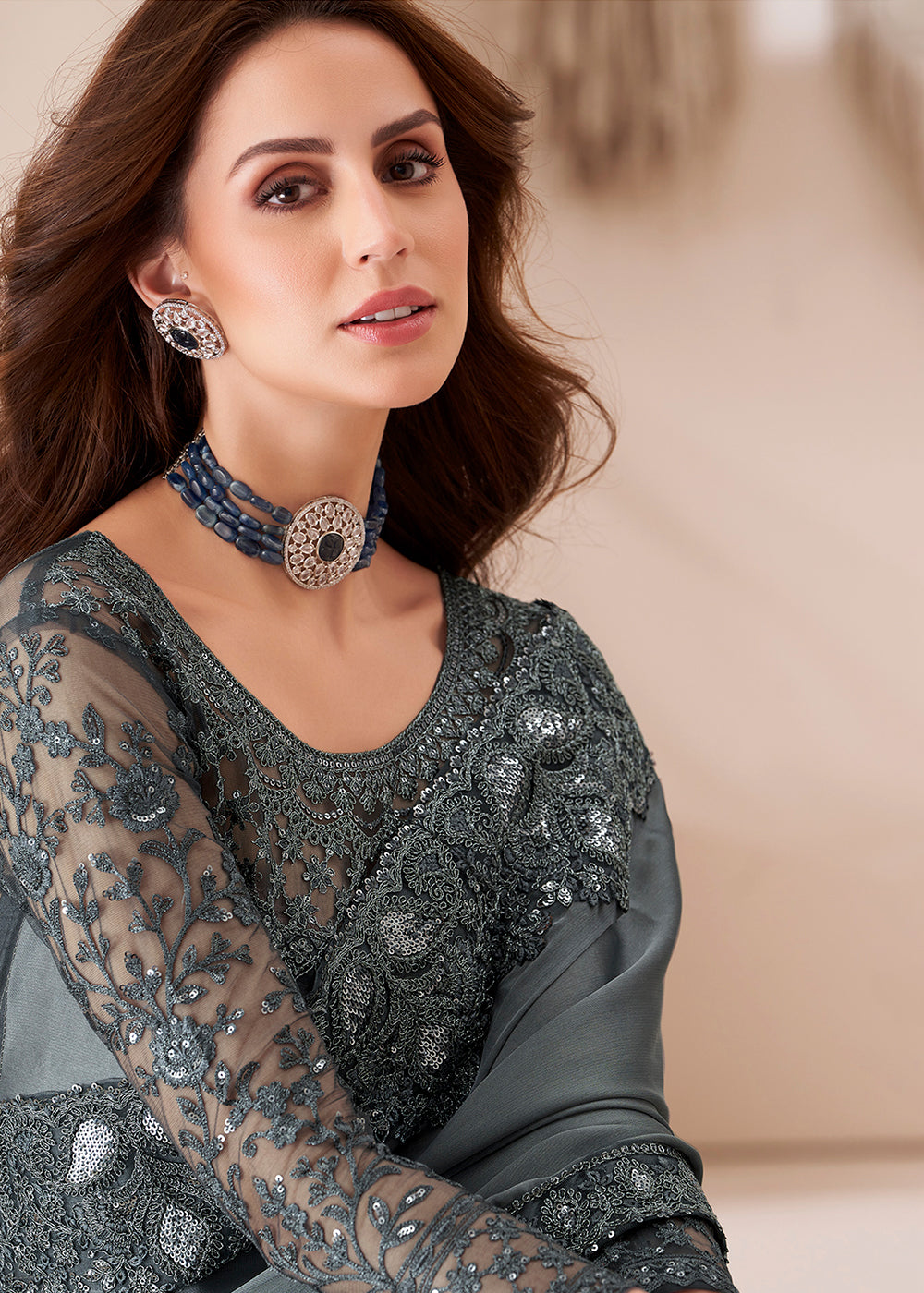 Slate Grey Designer Satin Georgette Silk Saree