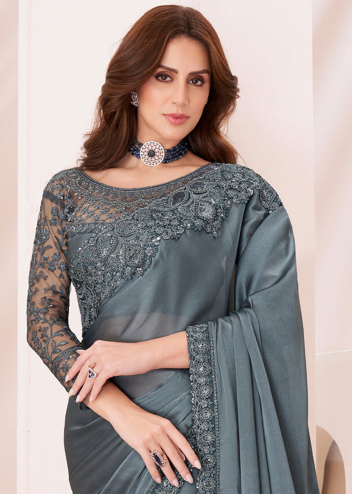 Slate Grey Designer Satin Georgette Silk Saree