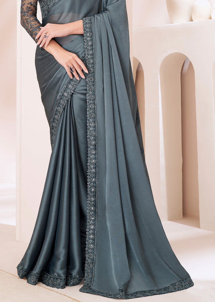 Slate Grey Designer Satin Georgette Silk Saree