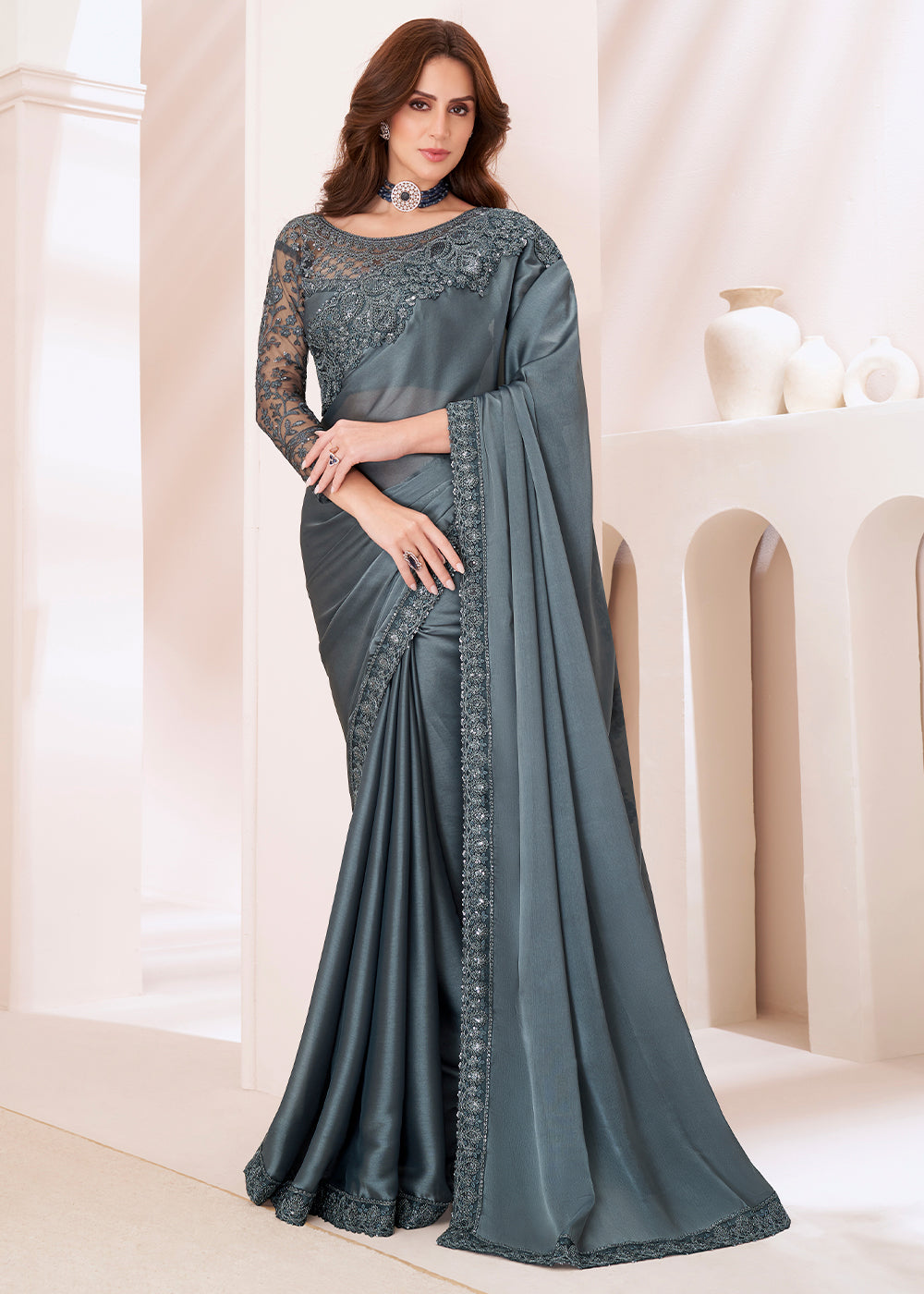 Slate Grey Designer Satin Georgette Silk Saree