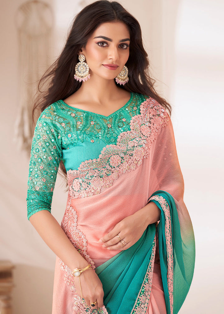 Blue & Pink Designer Shaded Chiffon Saree