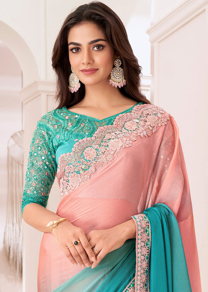 Blue & Pink Designer Shaded Chiffon Saree