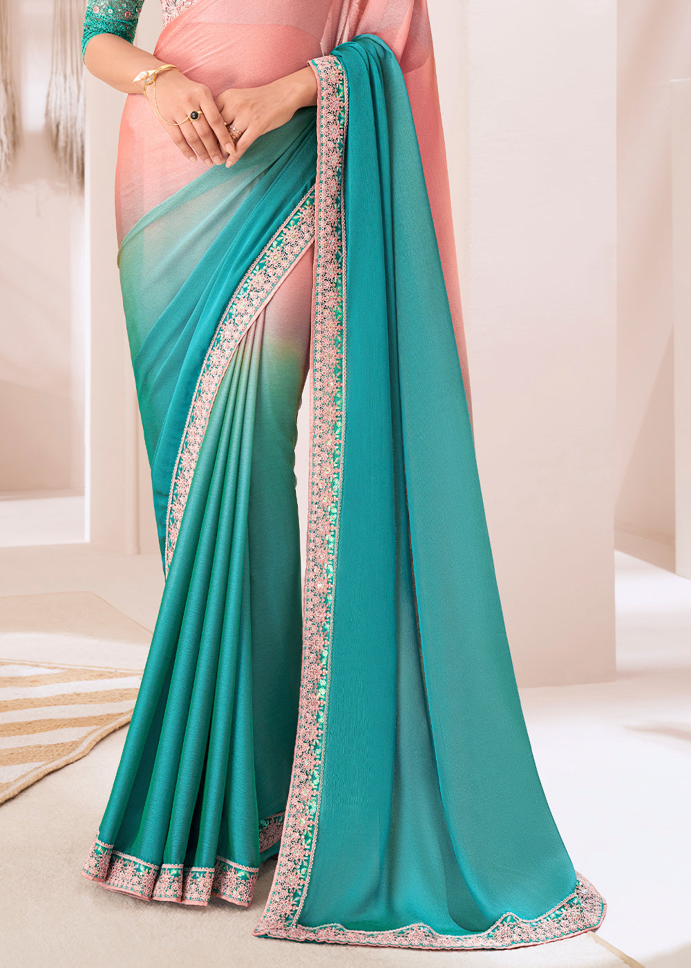 Blue & Pink Designer Shaded Chiffon Saree