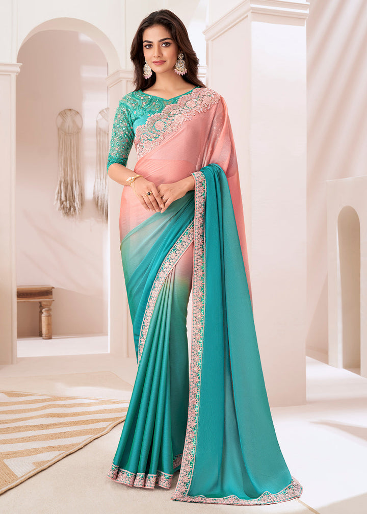 Blue & Pink Designer Shaded Chiffon Saree