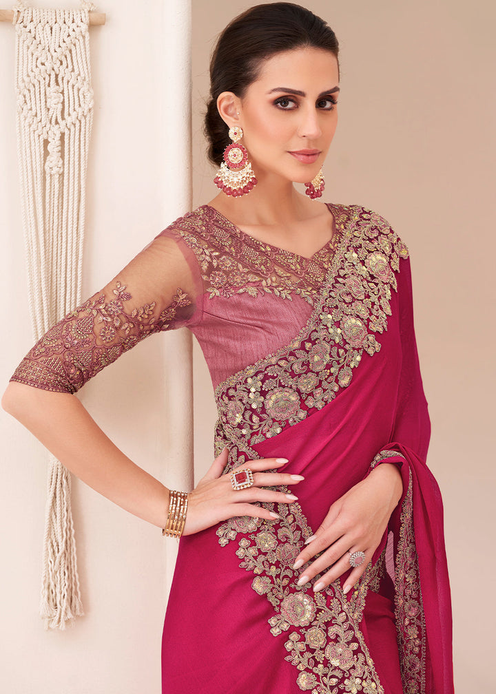 Ruby Pink  Designer Satin Chiffon Saree