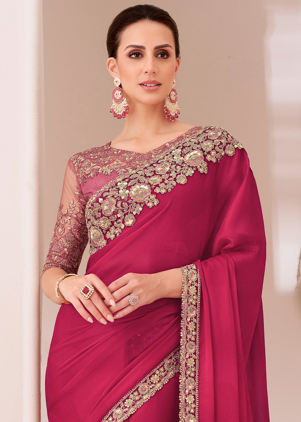 Ruby Pink  Designer Satin Chiffon Saree