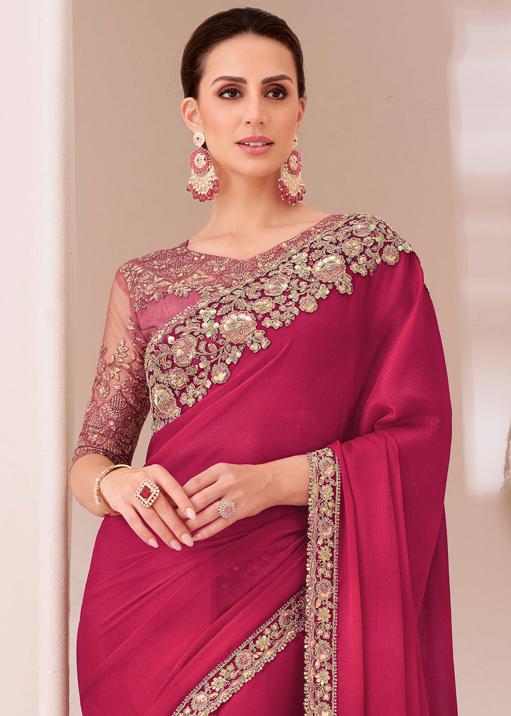 Ruby Pink  Designer Satin Chiffon Saree