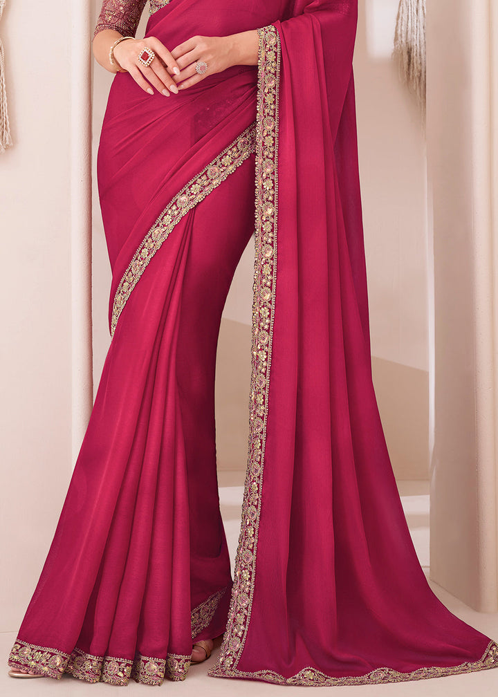 Ruby Pink  Designer Satin Chiffon Saree