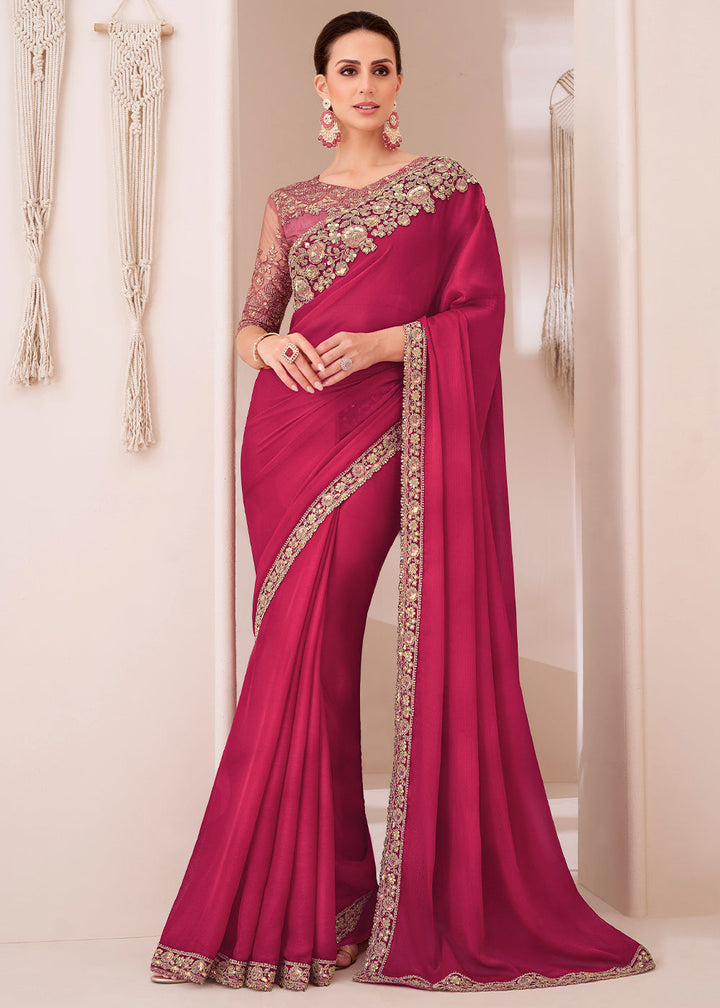 Ruby Pink  Designer Satin Chiffon Saree
