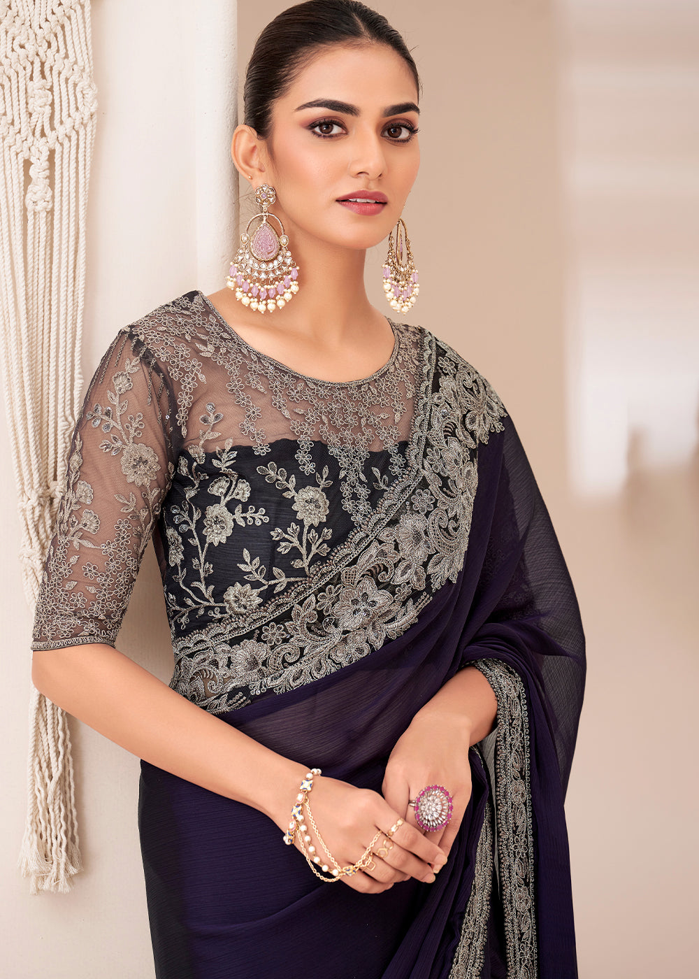 Eggplant Purple Designer Chiffon Saree