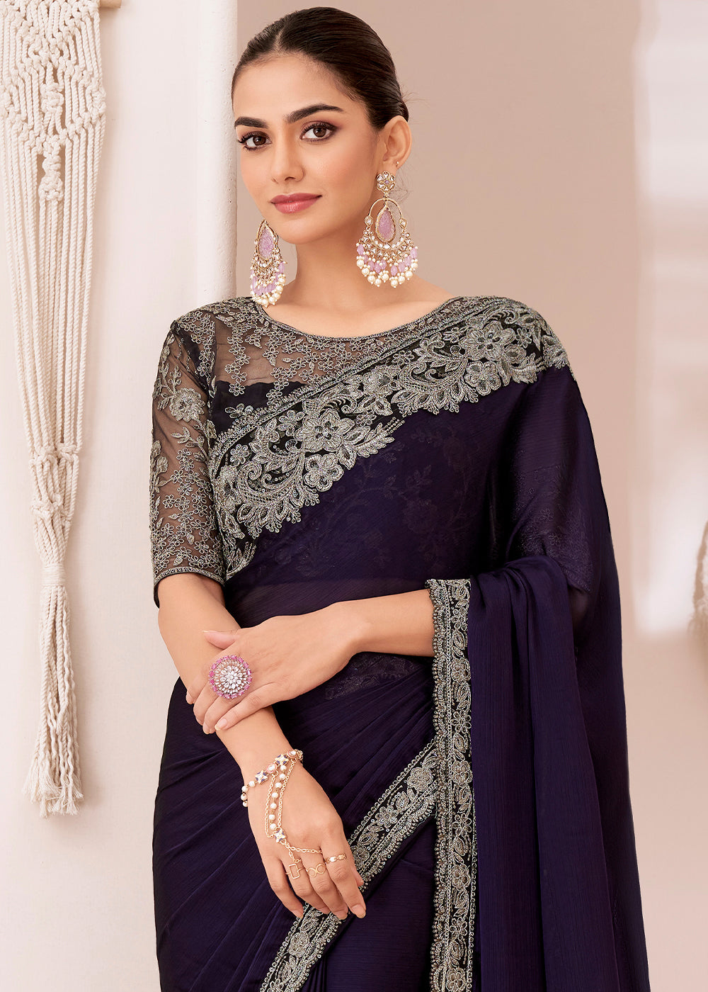 Eggplant Purple Designer Chiffon Saree