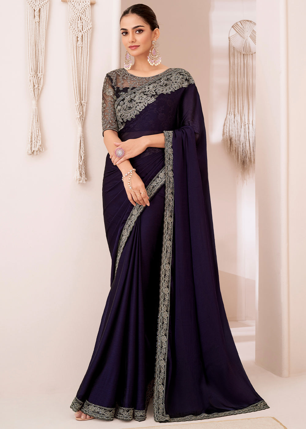 Eggplant Purple Designer Chiffon Saree