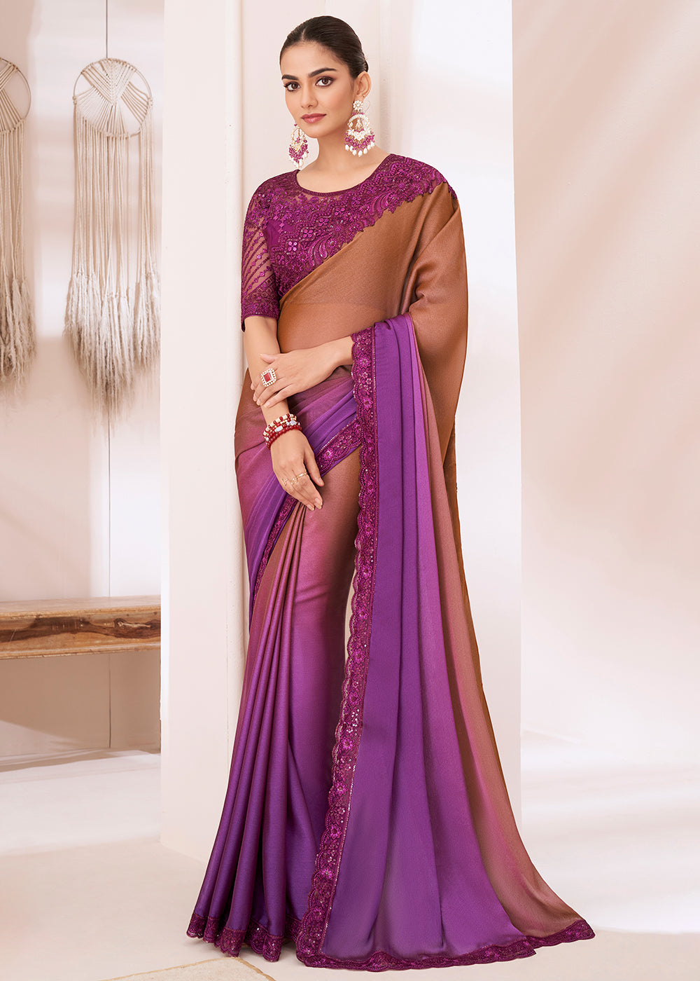 Brown & Purple Designer Shaded Chiffon Saree