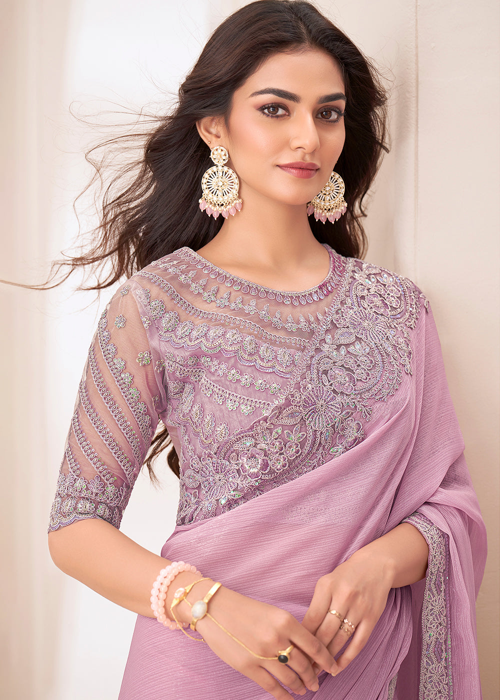 Light Lilac Purple Designer Shaded Chiffon Saree