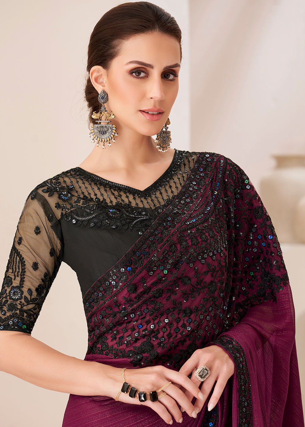 Sangria Purple Designer Satin Georgette Saree