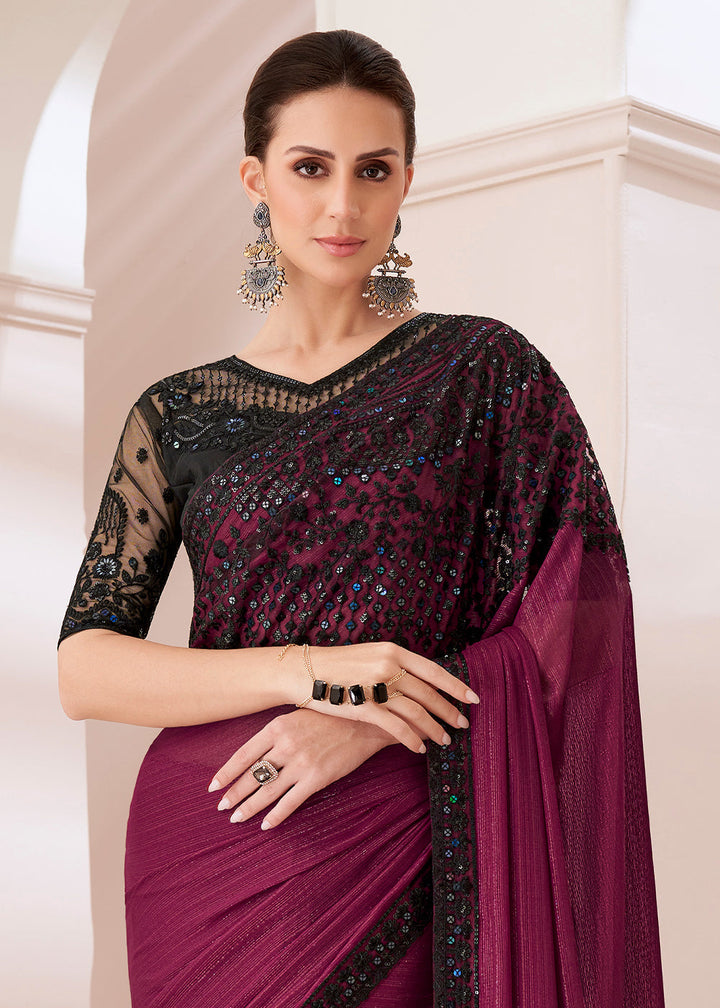 Sangria Purple Designer Satin Georgette Saree