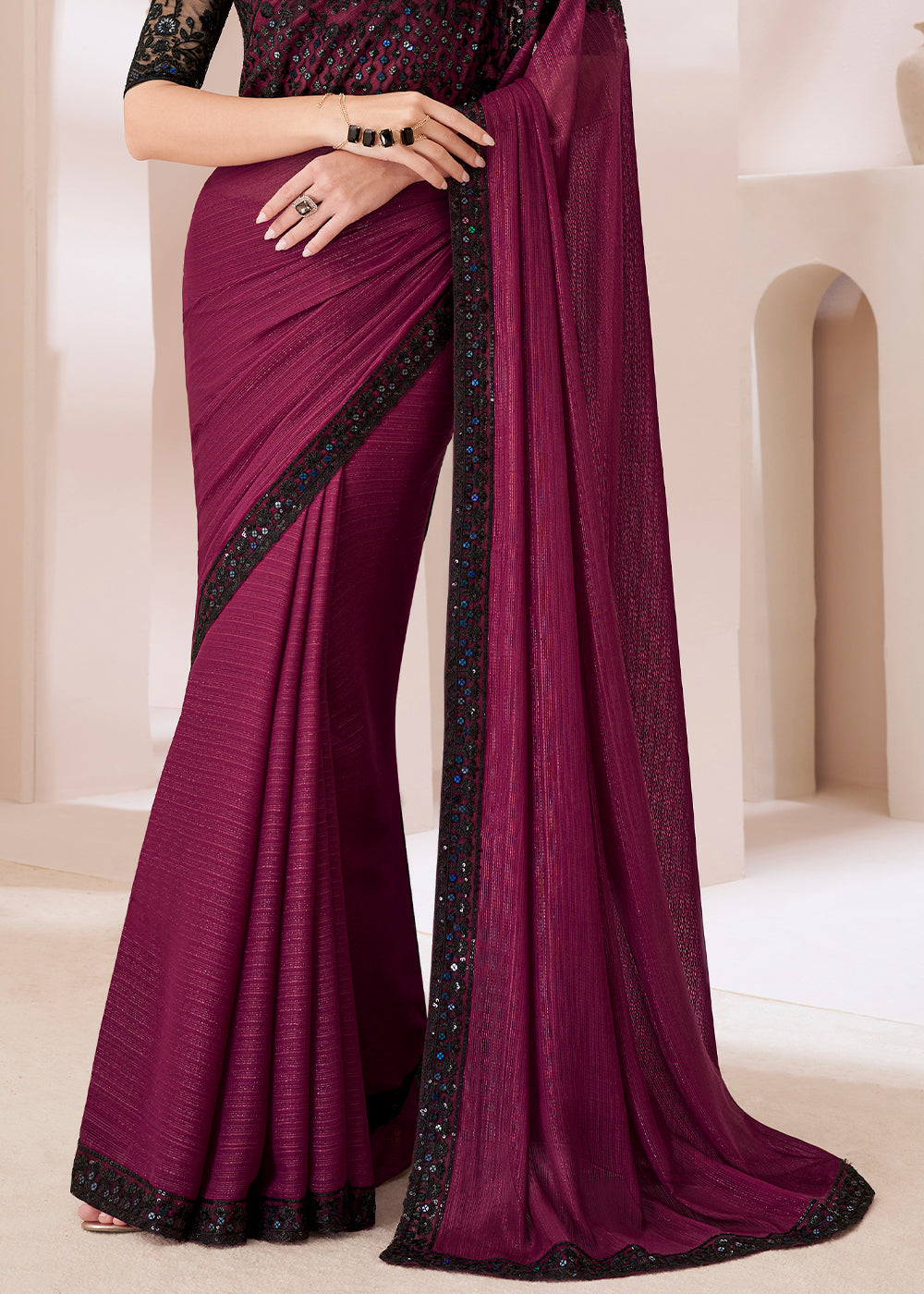 Sangria Purple Designer Satin Georgette Saree