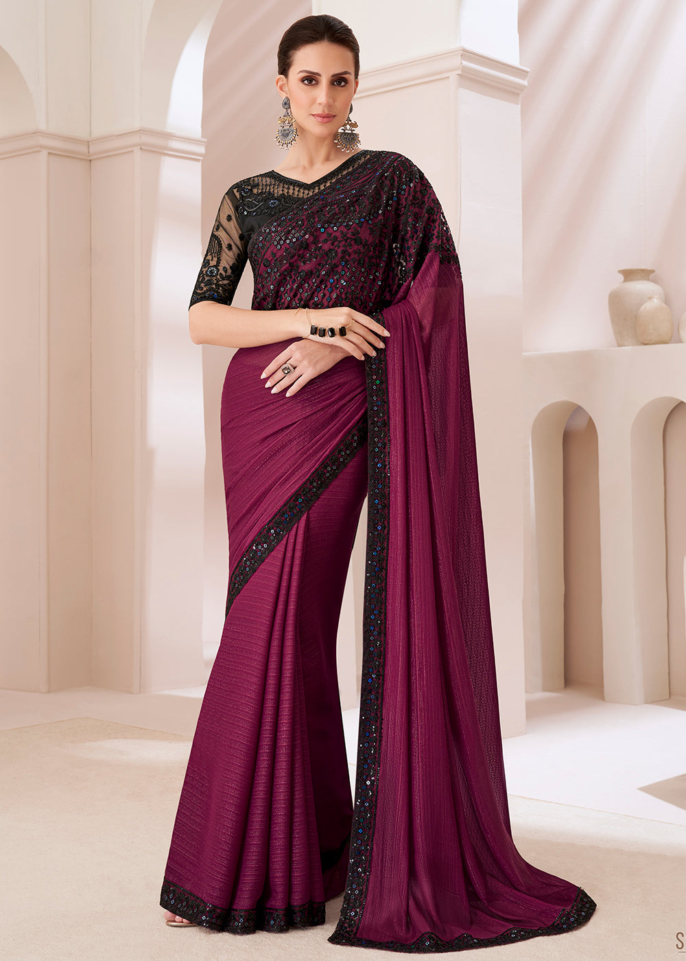 Sangria Purple Designer Satin Georgette Saree