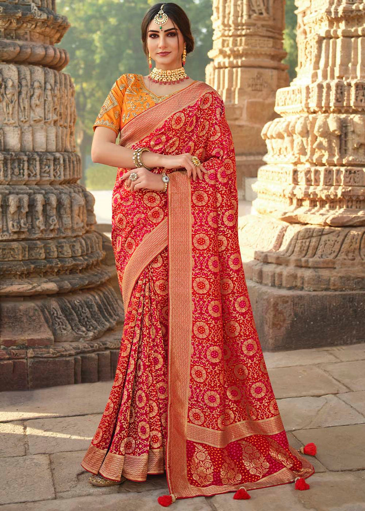 Bridal Red Woven Banarasi Silk Saree with Embroidered Blouse