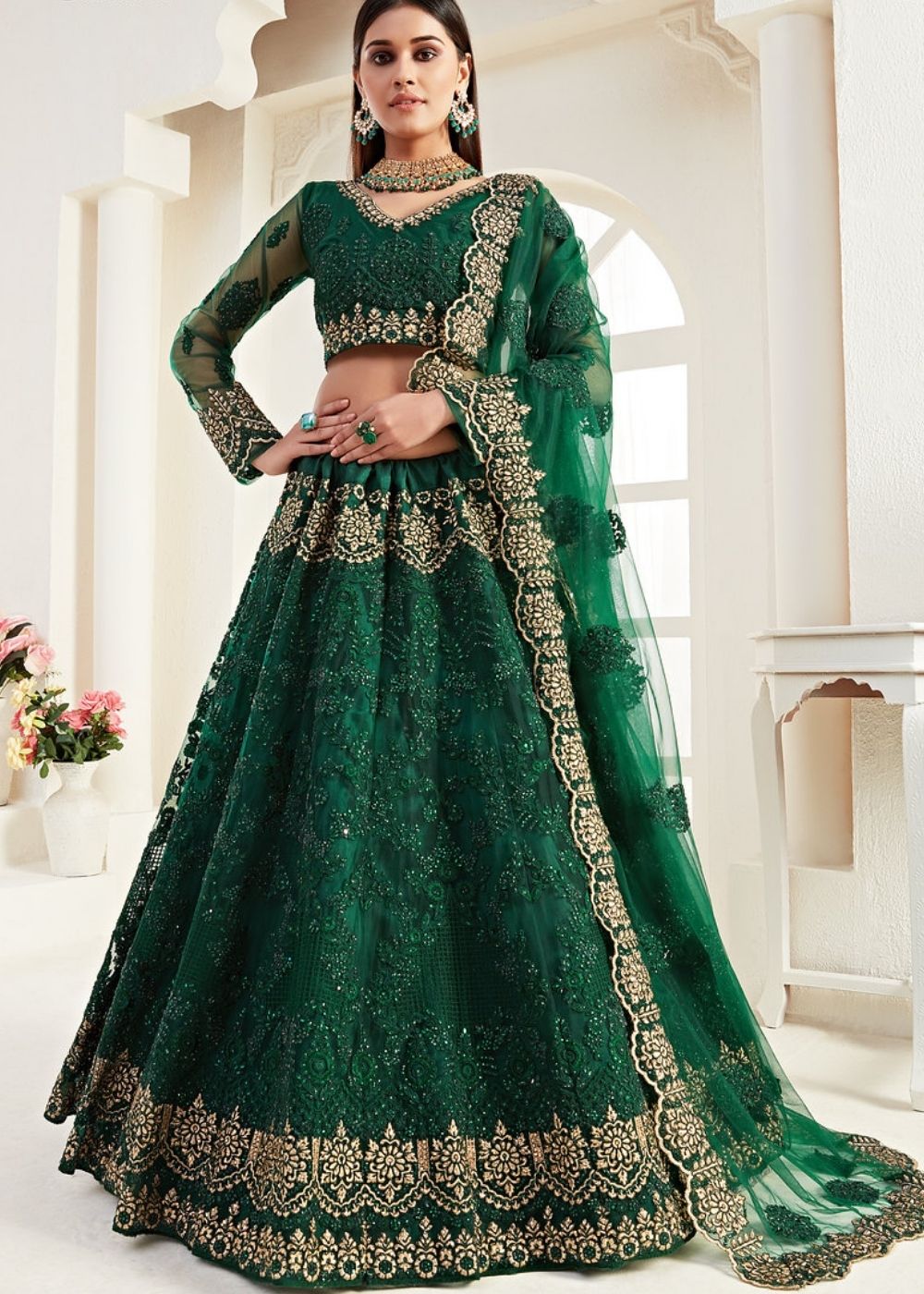 Sacramento Green Soft Net Lehenga Choli with Coding, Thread, Stonework & Zari Embroidery