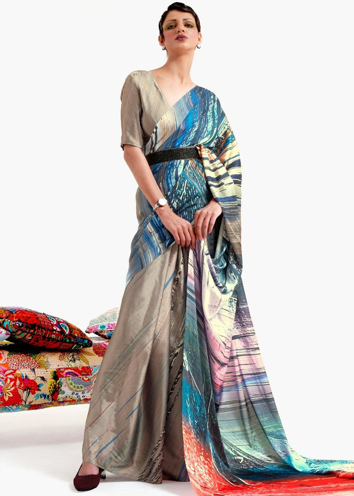 Camel Brown Printed Satin Crepe Saree