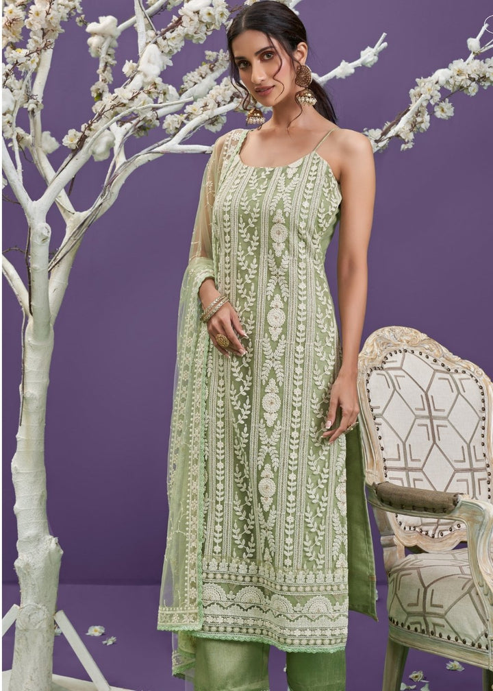 Pista Green Net Lucknowi Salwar Suit with Cotton Thread Embroidery & Sequence work