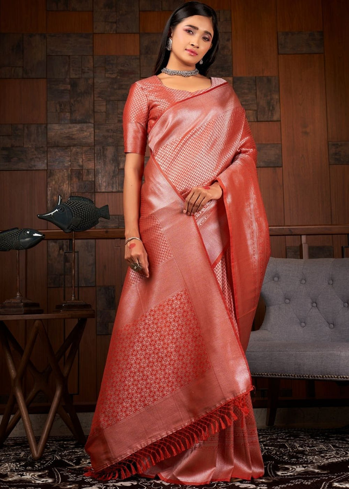 Indian Red Silver Zari work Kanjivaram Silk Saree