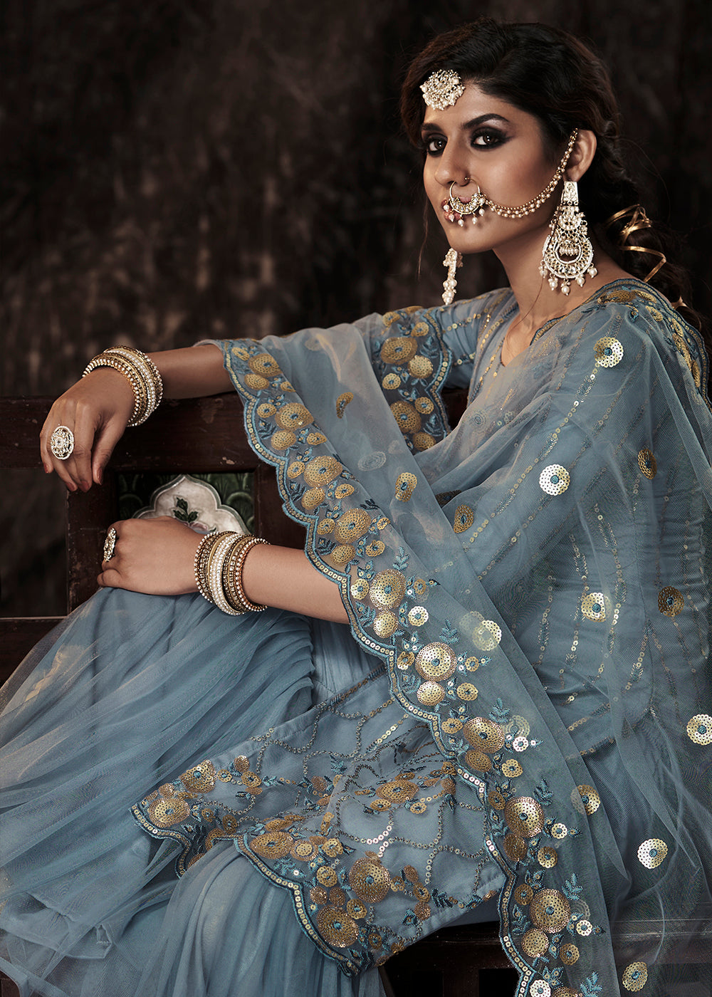Slate Grey Designer Soft Net Sharara Suit with Sequin work