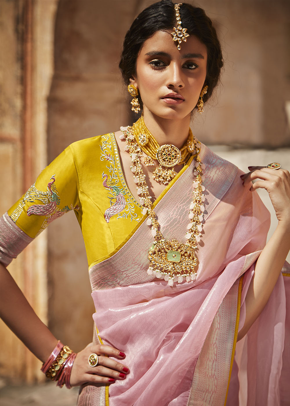 Baby Pink Woven Silk Saree with Embroidered Blouse: Top Pick