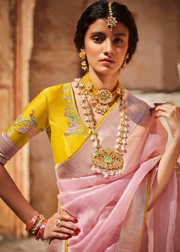 Baby Pink Woven Silk Saree with Embroidered Blouse: Top Pick
