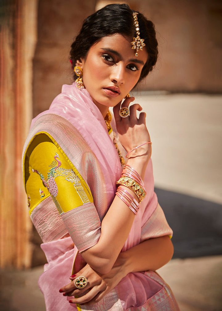 Baby Pink Woven Silk Saree with Embroidered Blouse: Top Pick
