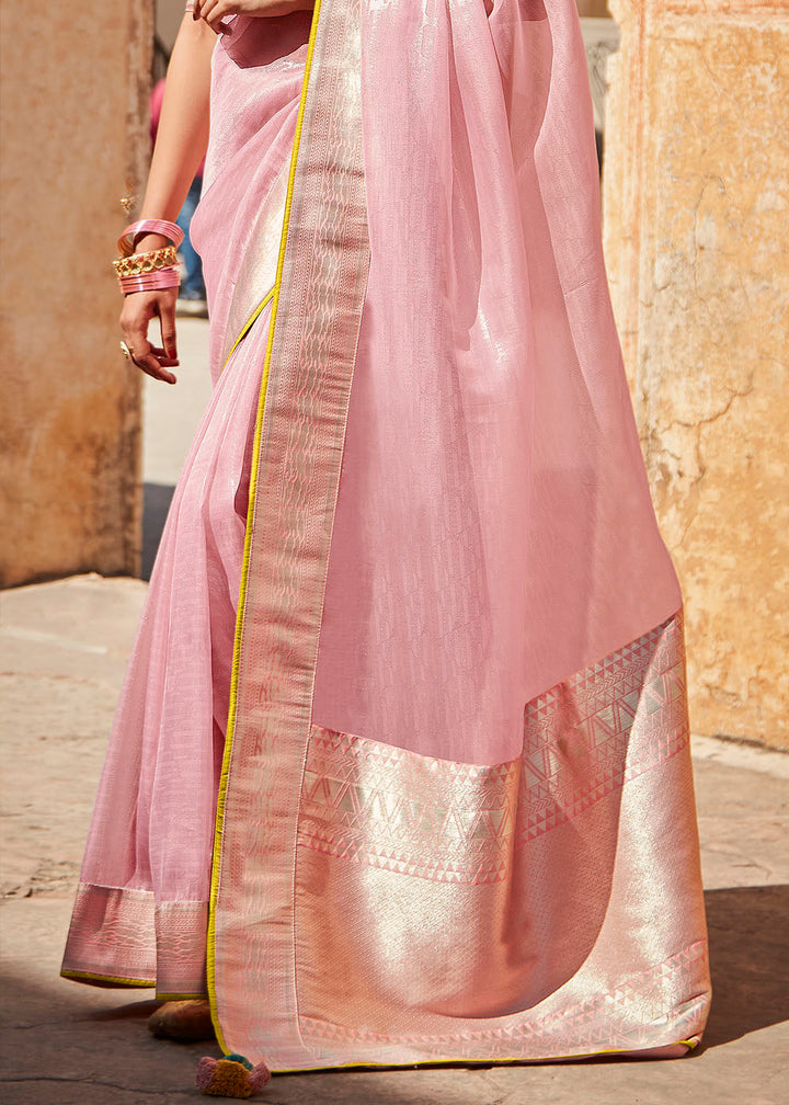 Baby Pink Woven Silk Saree with Embroidered Blouse: Top Pick