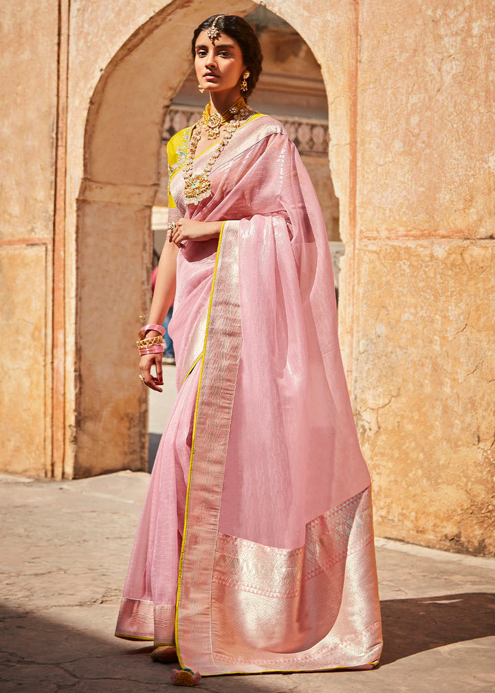 Baby Pink Woven Silk Saree with Embroidered Blouse: Top Pick