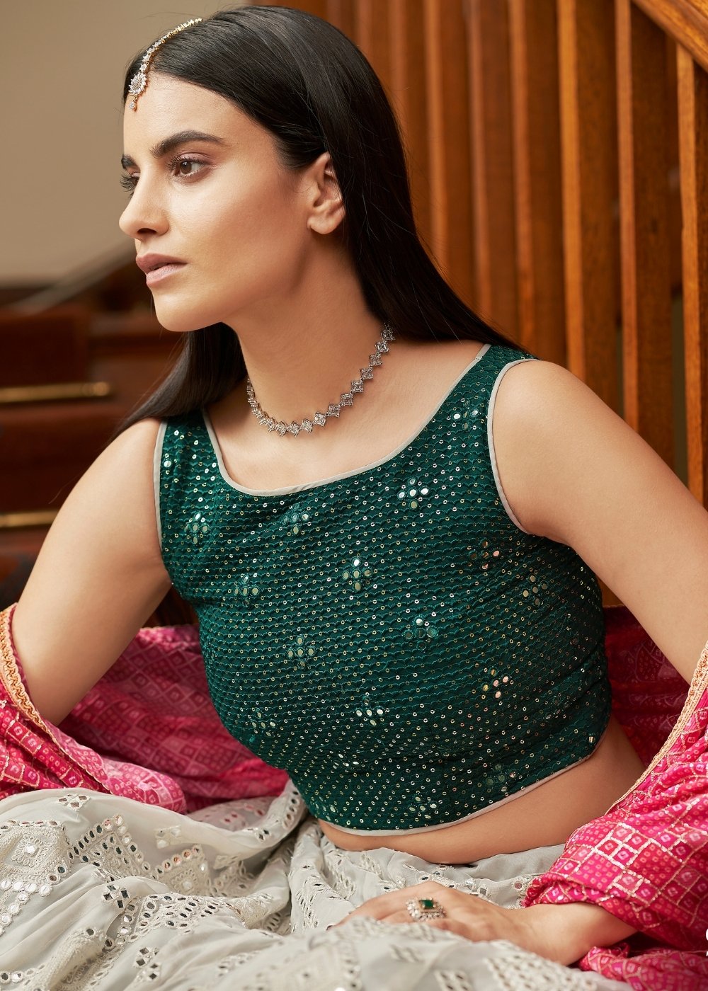 Silver Grey Organza Lehenga with Sequins, Gota, Mirror & Resham work