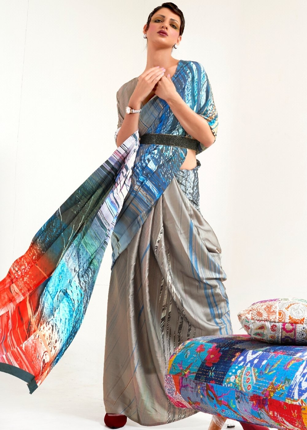 Camel Brown Printed Satin Crepe Saree