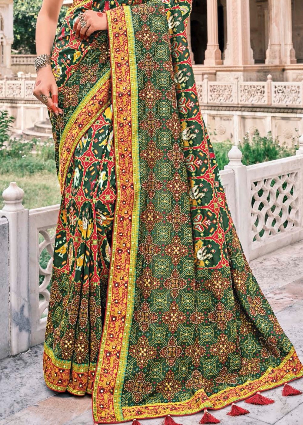 Pine Green Bandhej Patola Silk Saree with Embroidered Blouse