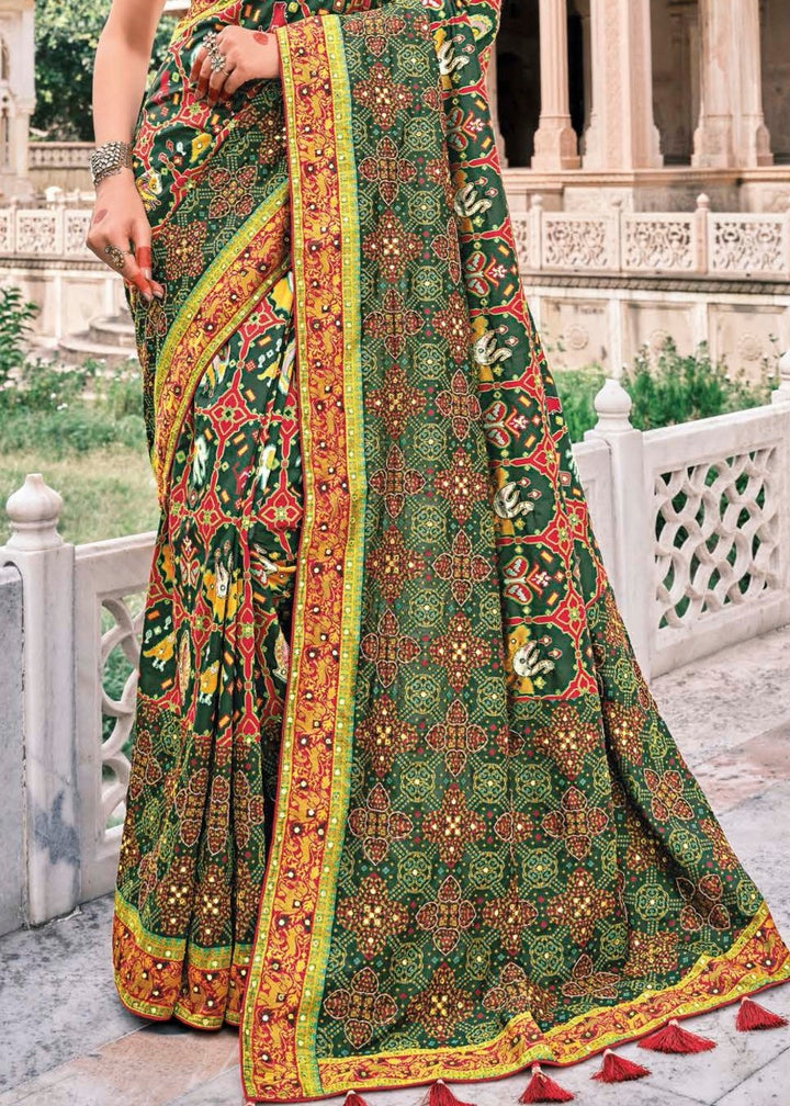 Pine Green Bandhej Patola Silk Saree with Embroidered Blouse