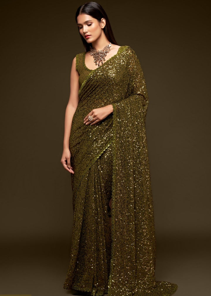 Army Green Designer Georgette Saree