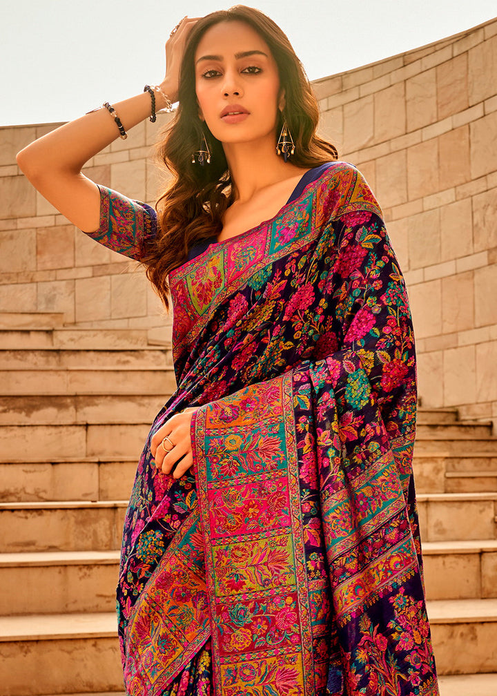 Navy Blue Woven Kashmiri Jamawar Silk Saree : Top Pick