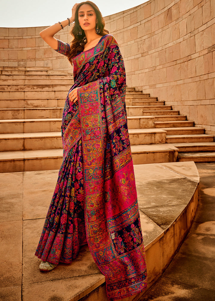 Navy Blue Woven Kashmiri Jamawar Silk Saree : Top Pick