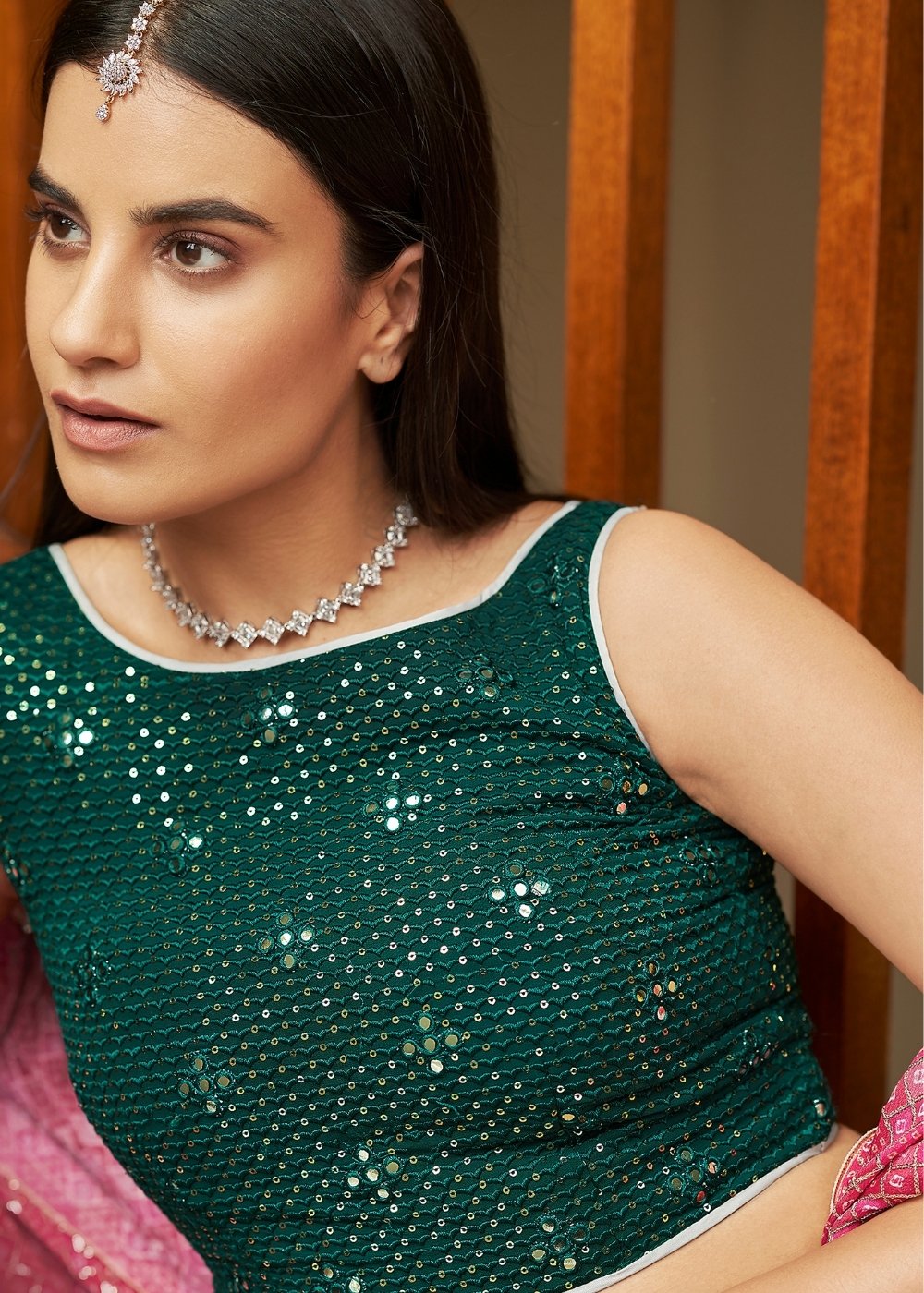 Silver Grey Organza Lehenga with Sequins, Gota, Mirror & Resham work